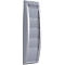 Grey wall-mounted brochure holder with multiple compartments.