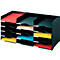 Black document organizer with colored paper in the compartments. Red, yellow, blue, beige, and green.