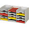 Grey, nine-compartment desk organizer filled with red and yellow papers. Each compartment has a small label.