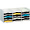 White file organizer with multiple compartments filled with colored paper. Organized office essential.
