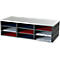 Desk organizer with compartments, filled with colored documents.