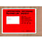 Rotes Etikett mit weißem Rand. Oben steht in schwarzer Schrift „Lieferschein - Rechnung / Packing list - invoice“. Daneben sind weitere Sprachen aufgeführt.