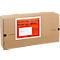 Braune Paketbox mit einem orangenen Aufkleber, auf dem "Lieferschein - Rechnung" steht.