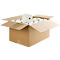 Boîte en carton remplie de rouleaux de papier, un rouleau se démarquant. Brun, blanc.