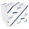 Une boîte carrée de serviettes en papier. La boîte est blanche, avec des rayures diagonales bleues et le logo Scott.