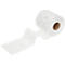 Rouleau de papier toilette, une partie du papier déroulée. Motif losanges, logo. Fond blanc.