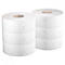 Deux tours de rouleaux de papier toilette, blancs, avec un motif subtil, sur fond blanc.
