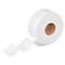 Gros plan d'un rouleau de papier toilette avec du papier déroulé sur fond blanc.