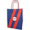 Blau-rote Papiertragetasche mit Logo und roten Henkeln.