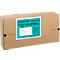 Een bruine kartonnen doos met een turquoise sticker met de tekst Lieferschein, Rechnung, Packing List, Invoice.