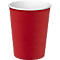 Ein roter Pappbecher mit weißem Rand, isoliert auf weißem Hintergrund.