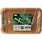 Rechteckige Pappteller verpackt in Folie. Aufkleber mit Produktinformationen, FSC-Siegel, QR-Code und Schriftzug Pure.
