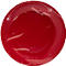 Roter Pappteller in Plastikfolie verpackt, mit geriffeltem Rand.