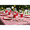 Ein gedeckter Picknicktisch mit rot-weiß karierter Tischdecke, roten Pappbechern, Tellern, Servietten und Blumenvase.
