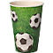 Papieren beker met een voetbalmotief. Voetballen zijn afgebeeld op groen gras.