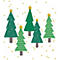 Illustration de cinq sapins verts avec des étoiles jaunes au sommet et des points blancs sur certains arbres, entourés de points jaunes.