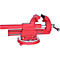 Roter Schraubstock mit Metallgriffen und Sockel. Der Schraubstock ist in der Mitte geöffnet.