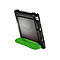 Schwarze Schutzhülle für ein Tablet mit grünem Standfuß, Rückseite mit Parat Educover Logo auf weißem Grund.