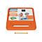 Orangene Kinder-Schutzhülle für Tablets mit Griff und beiliegendem Eingabestift auf weißem Hintergrund.