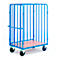 Blue cage trolley with wooden plate and wheels. The trolley has a handle.