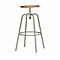Light grey bar stool, wooden seat, metal frame with foot ring.