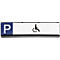 Parking sign with blue P and wheelchair user symbol.