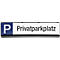 Rectangular sign with blue 'P' symbol. Text 'Privatparkplatz'. Black frame.