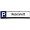 Reserved parking sign. Left blue area with a large white P, right white background with black lettering: Reserved.