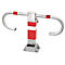 Metal parking barrier, red and white striped, with folding arm and key.