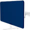 Cloison de bureau bleue, arrondie, encadrée de blanc, fixée à un bureau blanc. Pieds blancs.