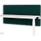 Bureau blanc avec cloison insonorisante vert foncé. Les pieds de la table sont blancs et le mur est en tissu.