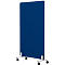 Cloison mobile bleue avec roulettes et pieds blancs.