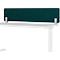 Un bureau blanc avec un panneau de tissu vert servant de cloison.