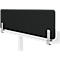 Écran de bureau rectangulaire noir fixé à une table blanche. Les supports sont argentés.