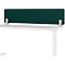 Bureau blanc avec cloison en tissu vert foncé. Plateau de table rectangulaire. Deux supports blancs maintiennent la cloison.