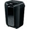 Black paper shredder with "Fellowes" logo. Viewing window with shredded paper.