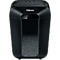 Black paper shredder with "Fellowes" printed. The shredded paper is visible at the bottom of the device.