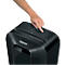 A hand presses the start button of a black Fellowes shredder.