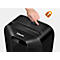 Hand presses button on a black Fellowes paper shredder. A yellow lock symbol floats above.