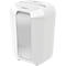 White paper shredder with viewing window filled with shredded paper. The brand name Fellowes is visible.