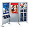 Display with advertising and brochures. One display shows a woman with a camera. Several holders with brochures.