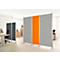 Gray and orange office partitions, aluminium frames, in a bright office.