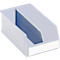 Transparent plastic bin with blue divider. The bin has a rectangular label.