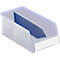 Transparent container with blue insert. Nothing on the label.