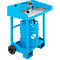 Blue oil collection cart with barrel. A drain pan with a grid is on the cart, with a hose attached. The IBS logo is on the barrel.