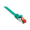 A green ethernet cable with RJ45 connector, close-up.