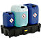 Three containers of different sizes with hazardous goods labels stand on a black drip tray.