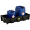 Two blue canisters with hazardous materials symbols stand in a black tub.
