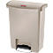 Beige trash can with lid and foot pedal. A red rectangle with "Rubbermaid" is on top.