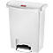 White trash can with lid and foot pedal. There is a red rectangle with lettering on the lid.